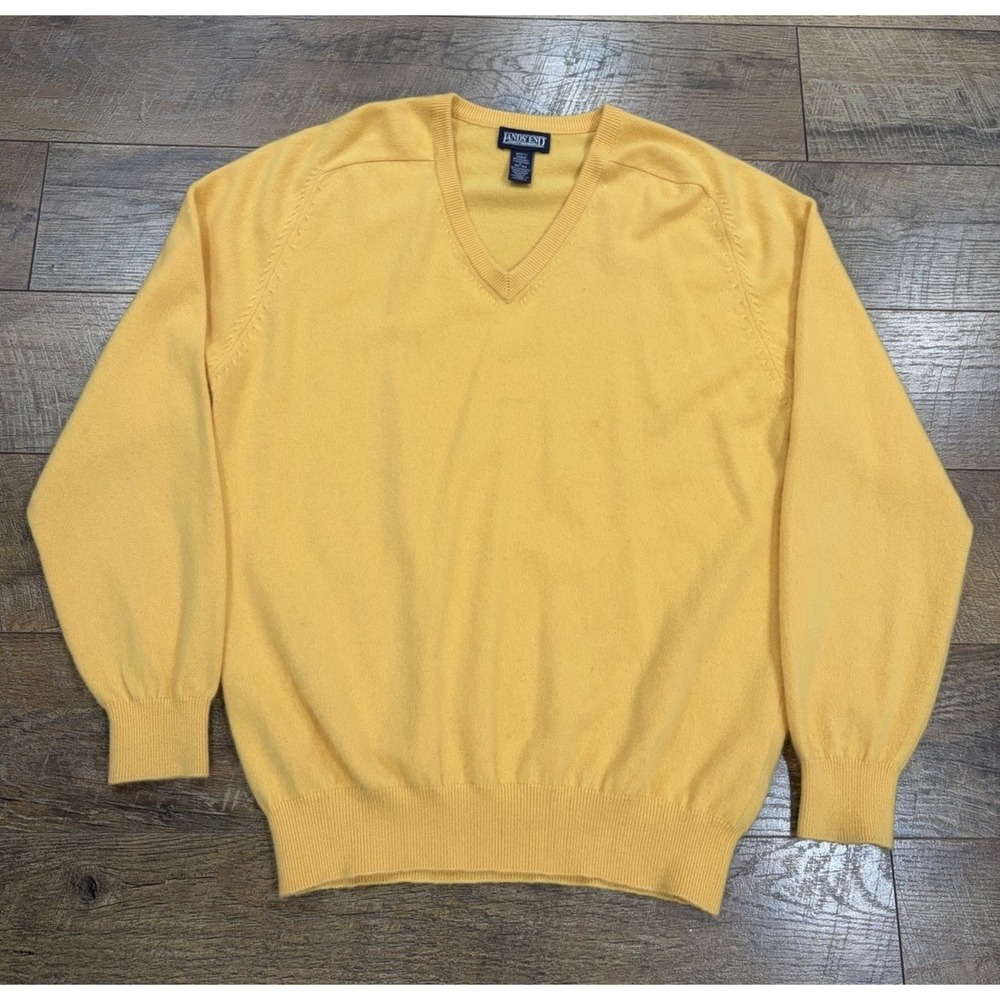 Vintage Lands End 100% Cashmere Sweater Large Yellow V Neck Pullover